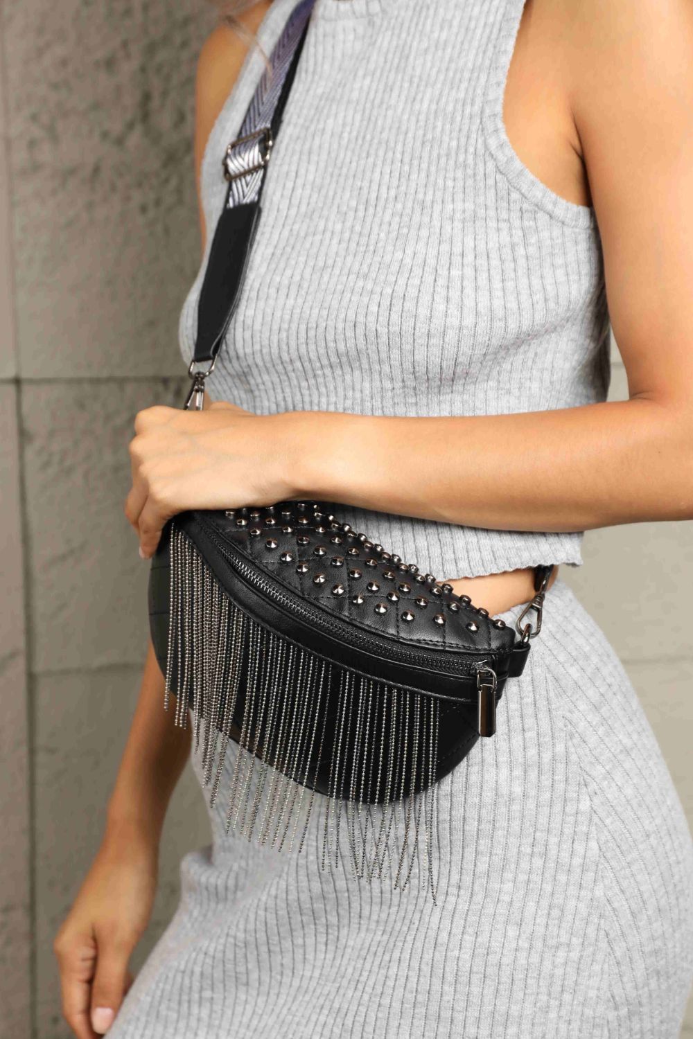 Adored PU Leather Studded Sling Bag with Fringes Bagz and Tagz