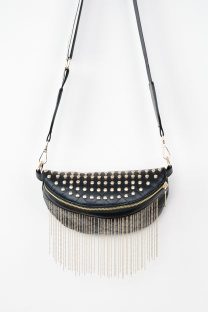 Adored PU Leather Studded Sling Bag with Fringes Bagz and Tagz