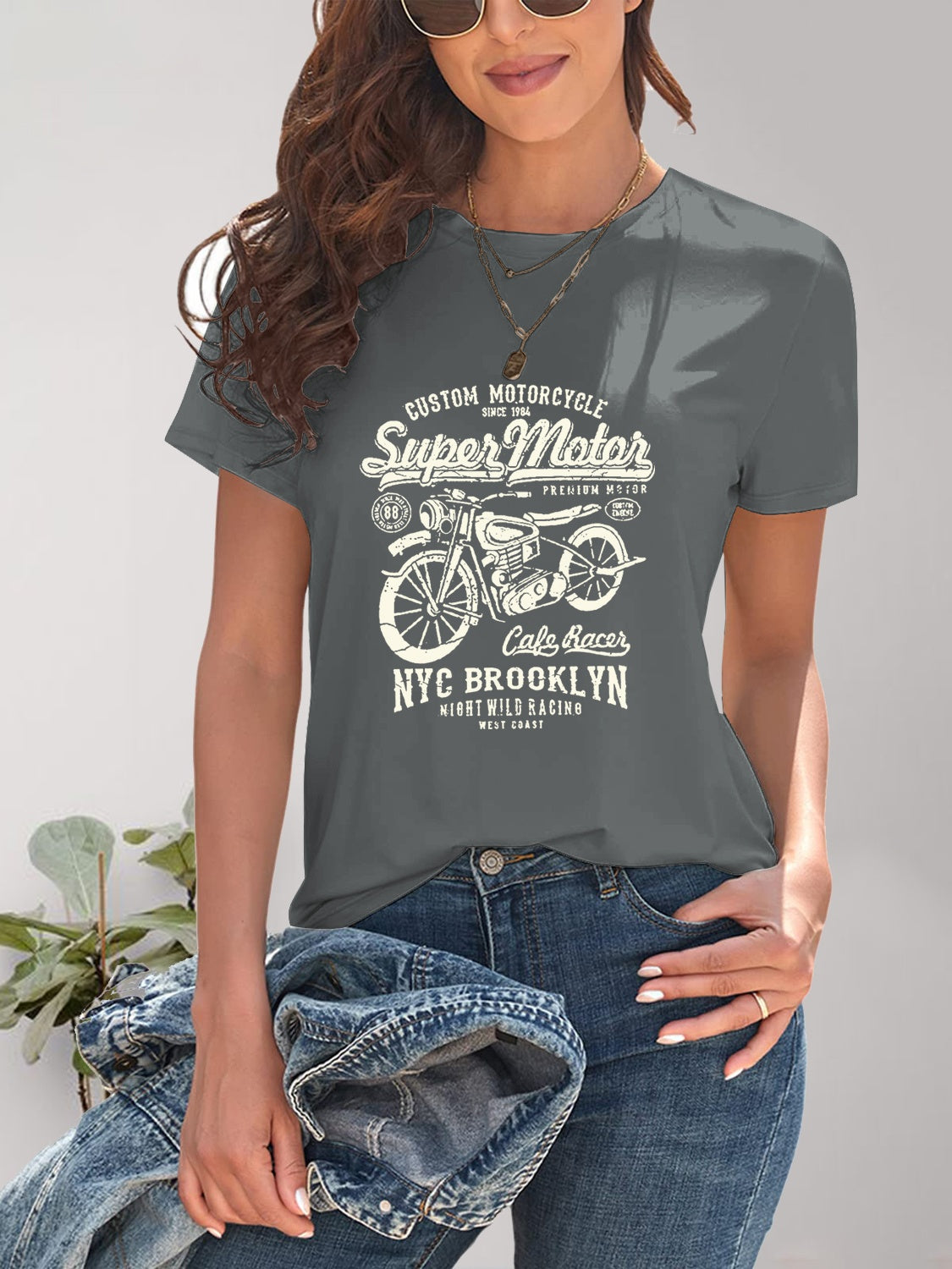 Motorcycle Graphic Round Neck T-Shirt Bagz and Tagz