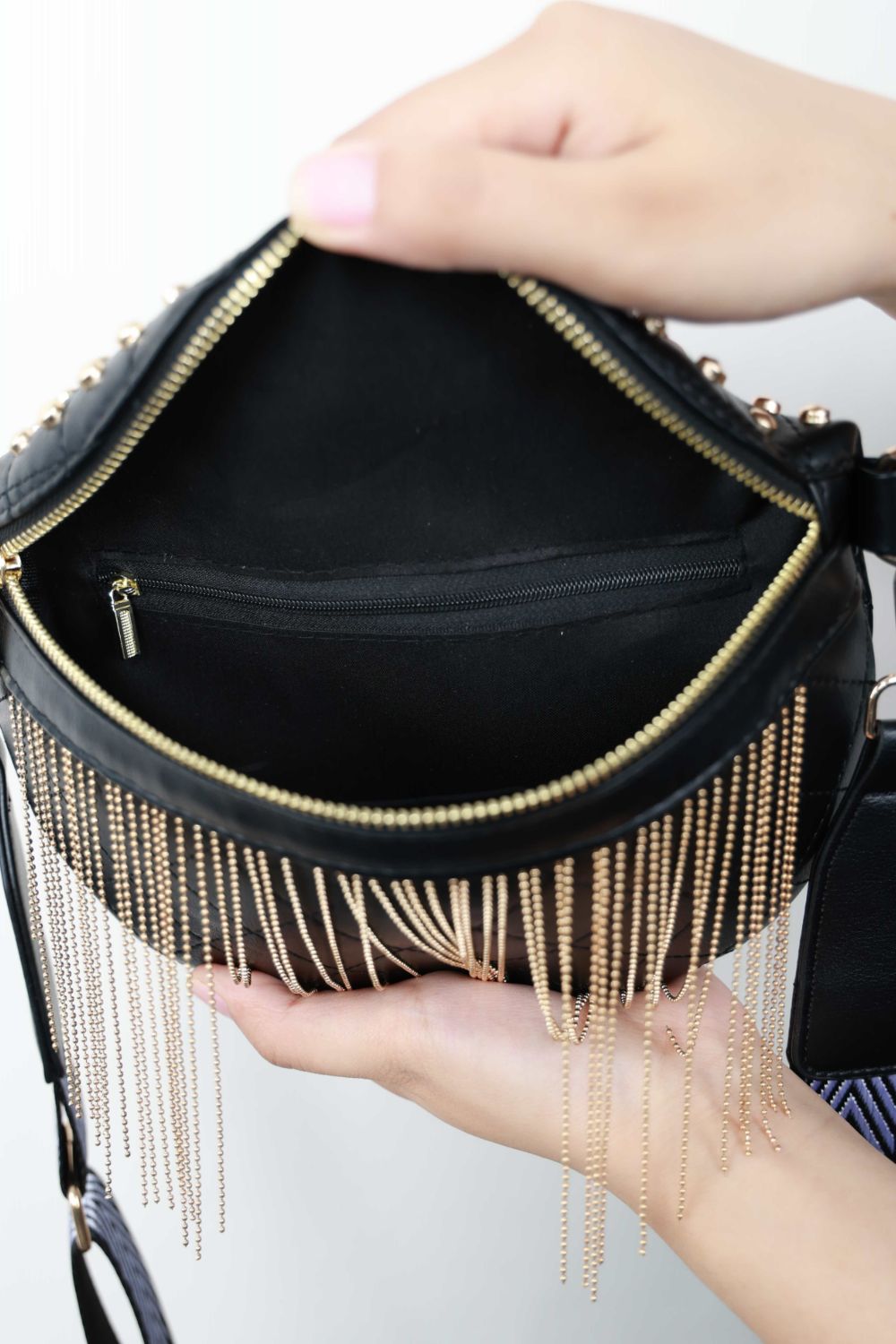 Adored PU Leather Studded Sling Bag with Fringes Bagz and Tagz