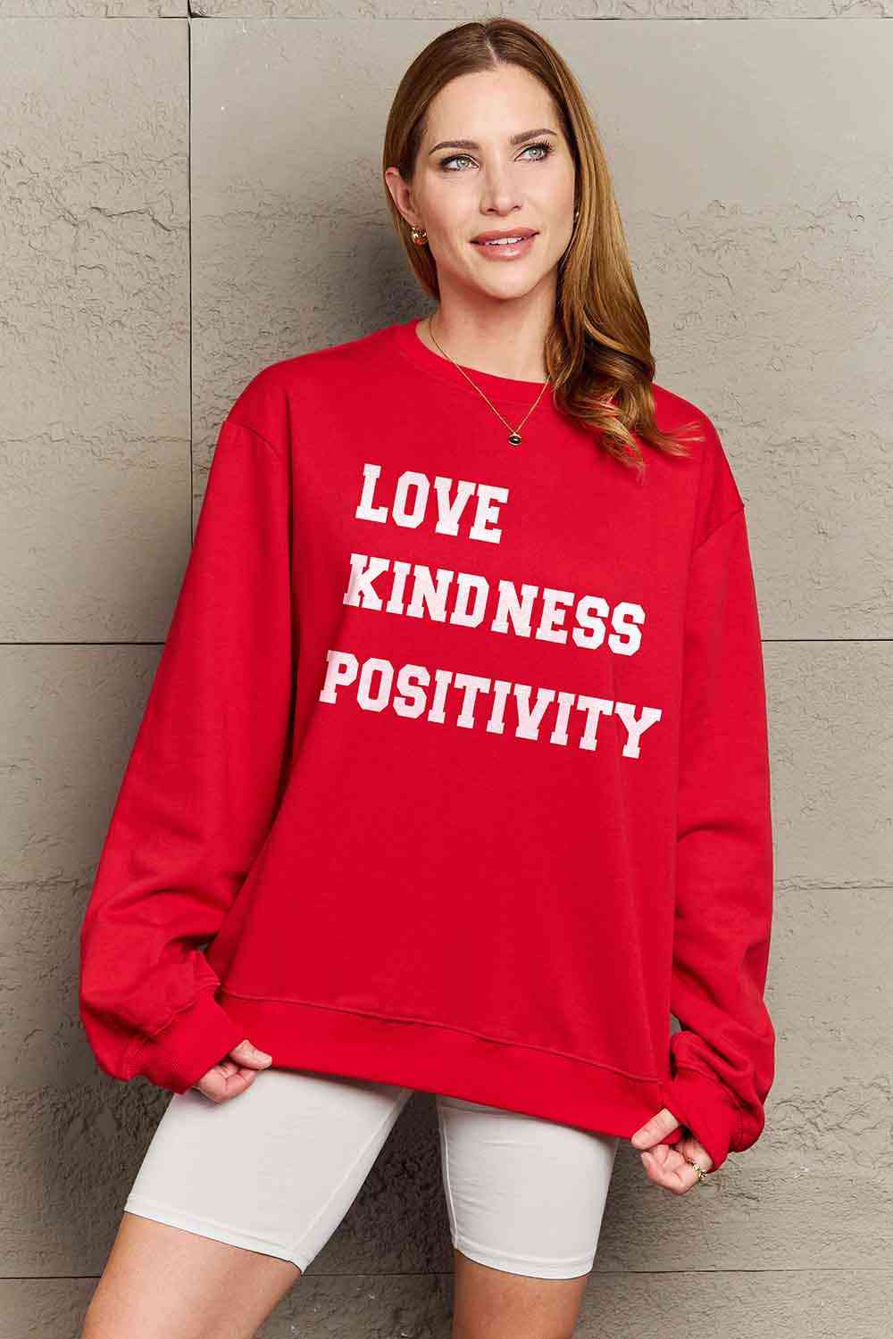 Simply Love Full Size LOVE KINDNESS POSITIVITY Graphic Sweatshirt Bagz and Tagz