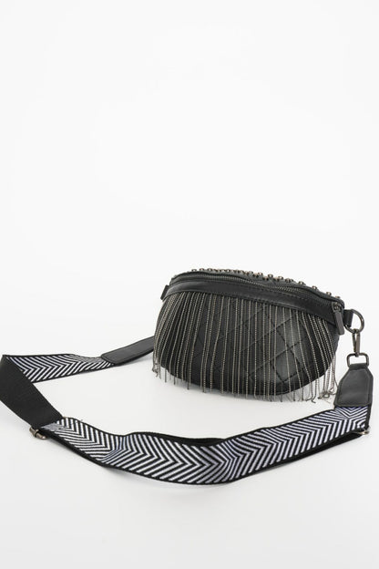 Adored PU Leather Studded Sling Bag with Fringes Bagz and Tagz