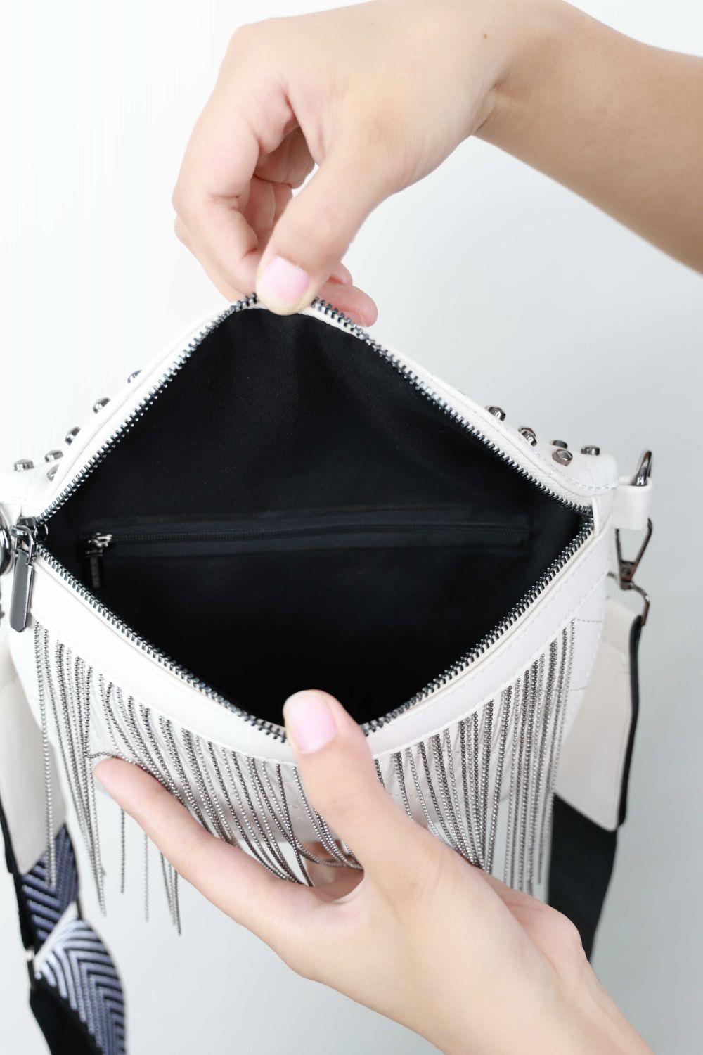 Adored PU Leather Studded Sling Bag with Fringes Bagz and Tagz