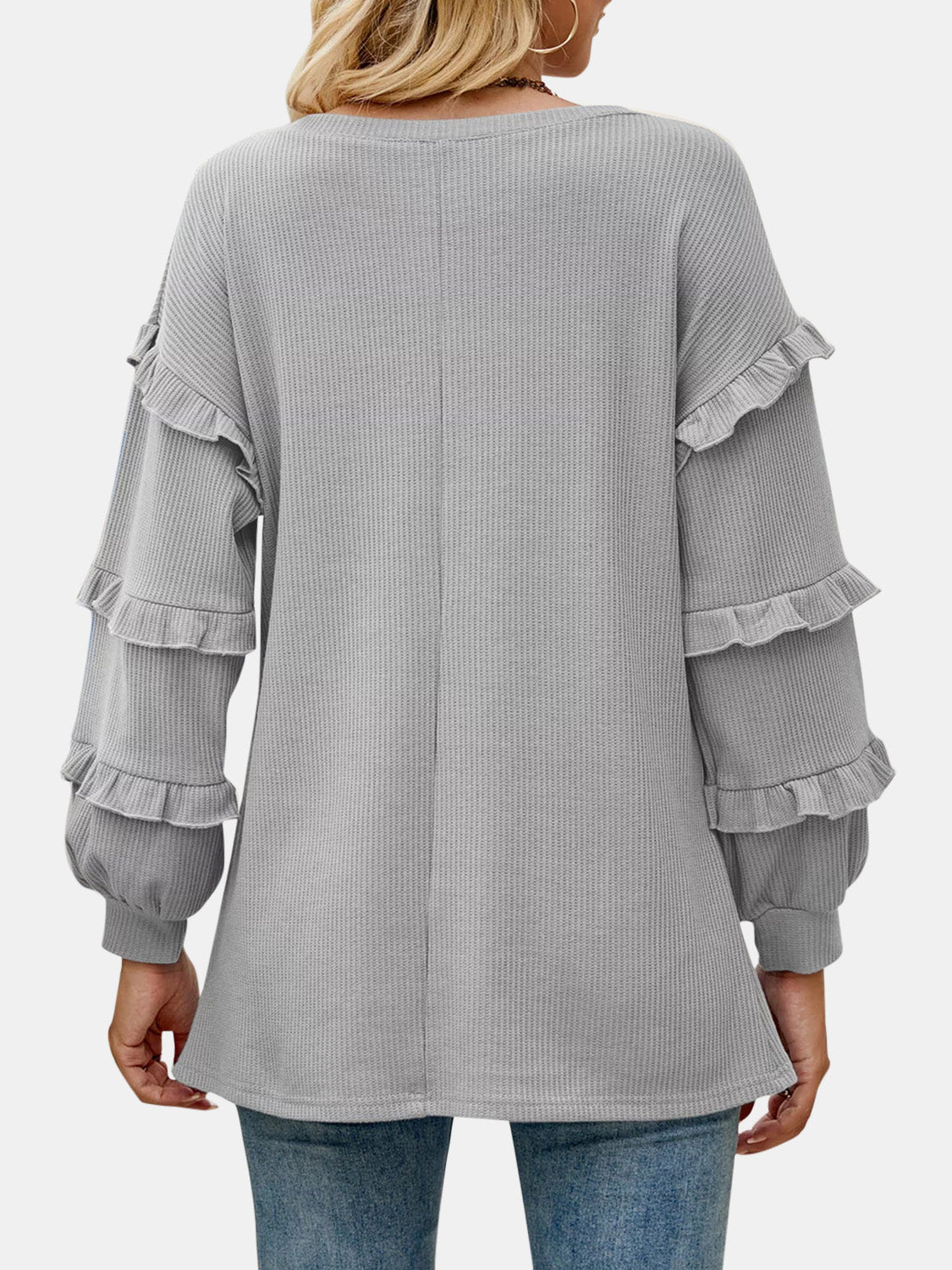 Ruffled V-Neck Long Sleeve T-Shirt Bagz and Tagz