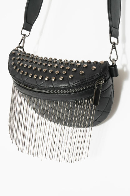 Adored PU Leather Studded Sling Bag with Fringes Bagz and Tagz