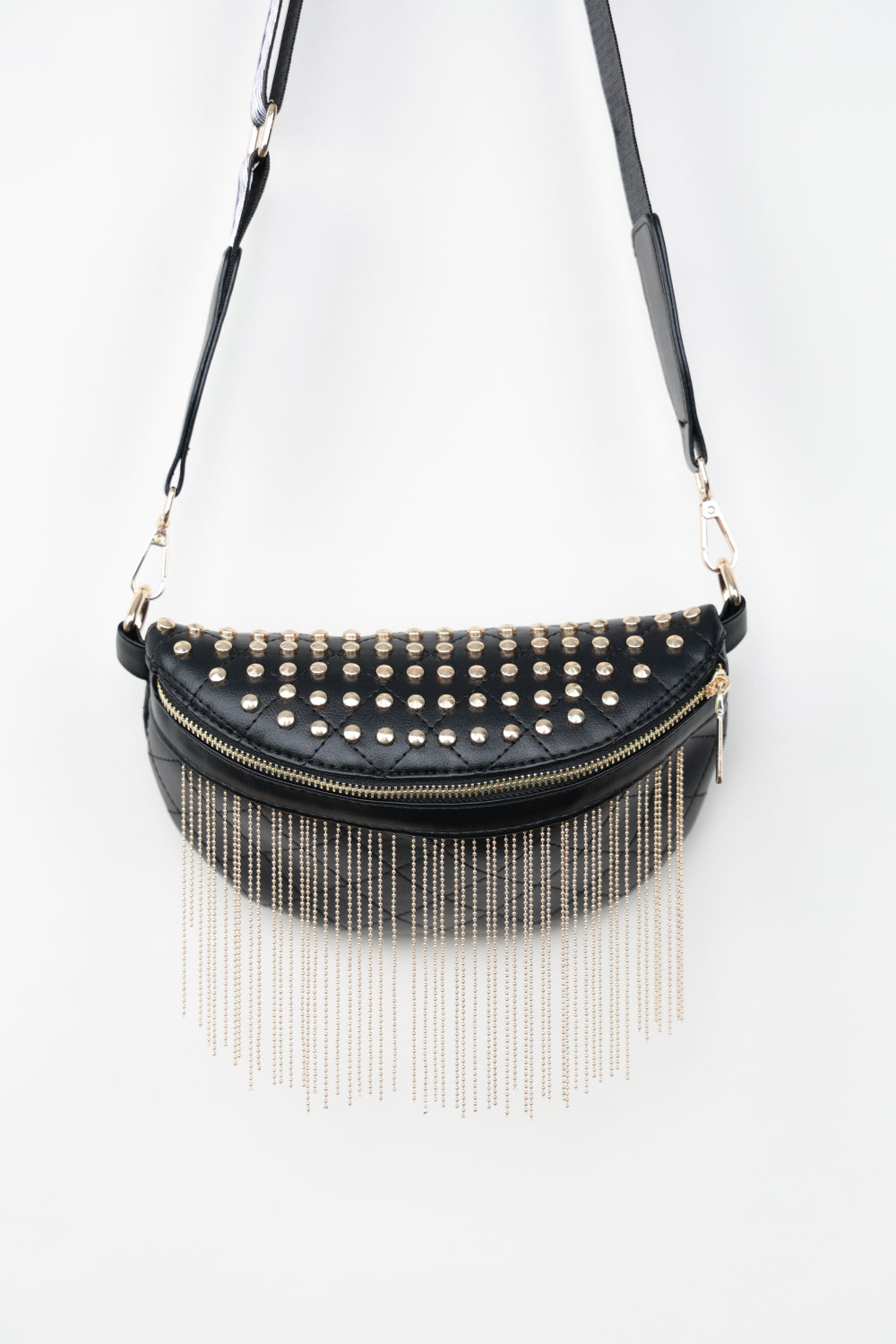 Adored PU Leather Studded Sling Bag with Fringes Bagz and Tagz