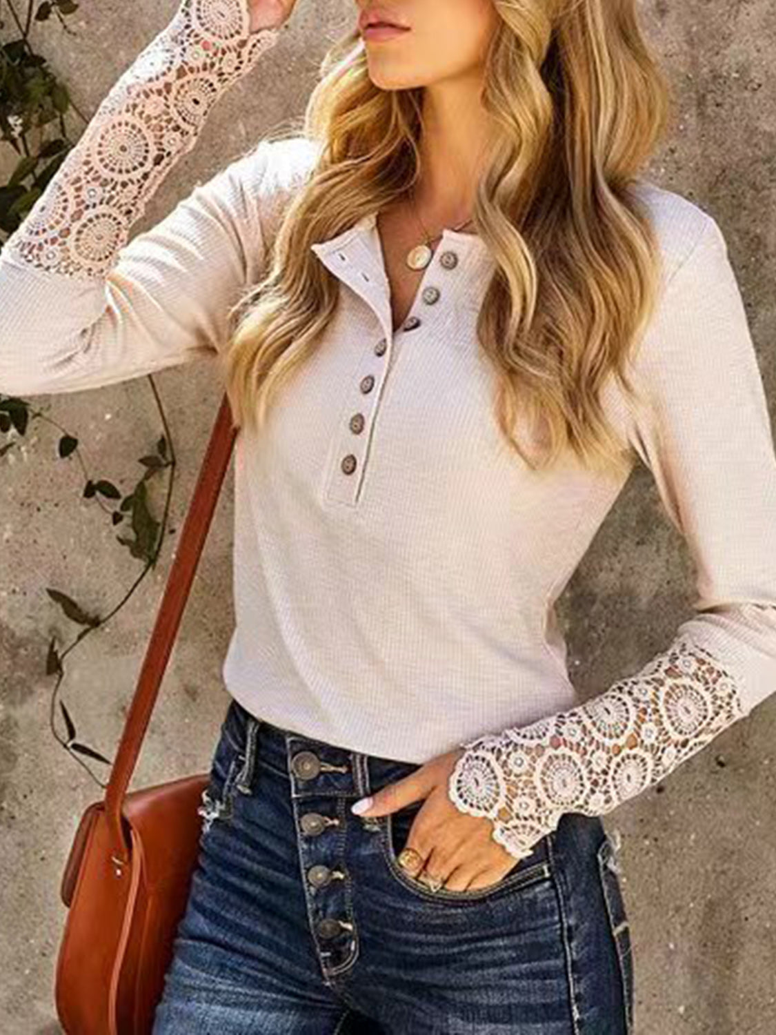 Lace Detail Half Button Long Sleve Knit Top Bagz and Tagz