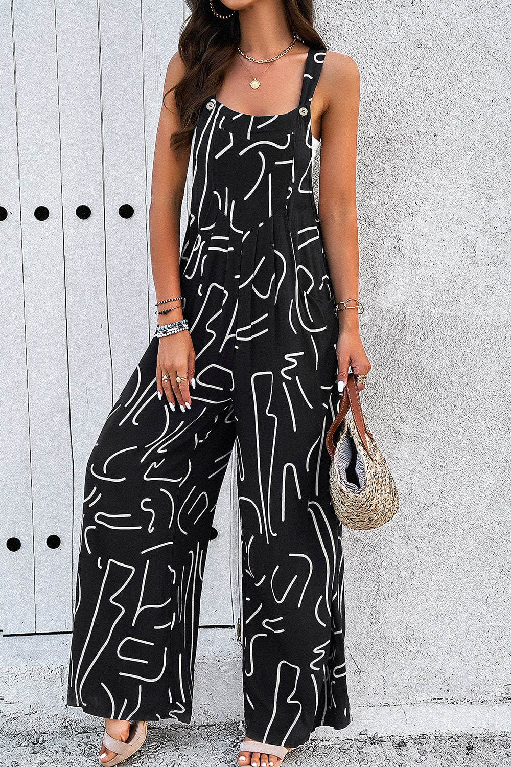 Printed Wide Strap Jumpsuit with Pockets Bagz and Tagz