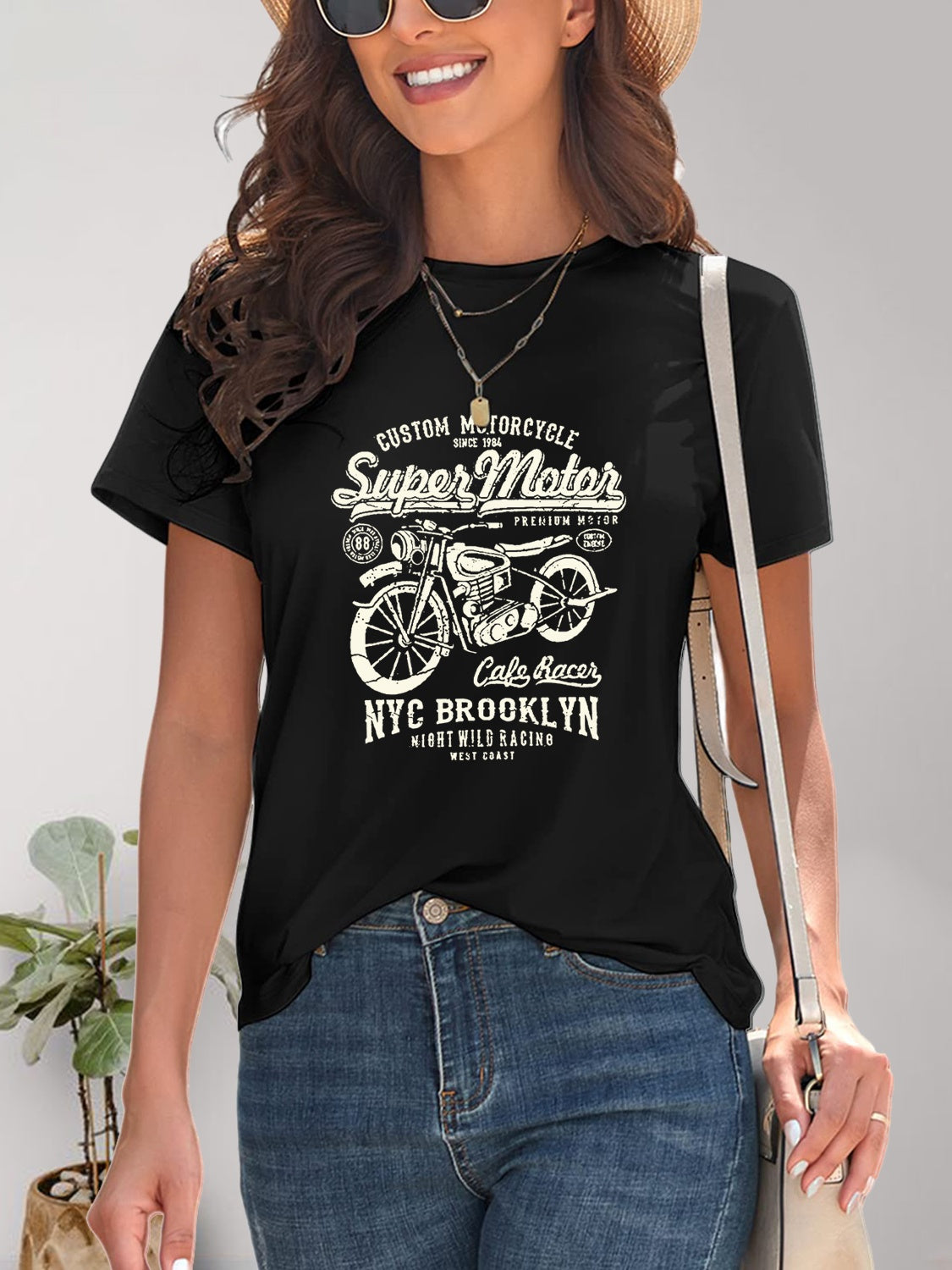 Motorcycle Graphic Round Neck T-Shirt Bagz and Tagz