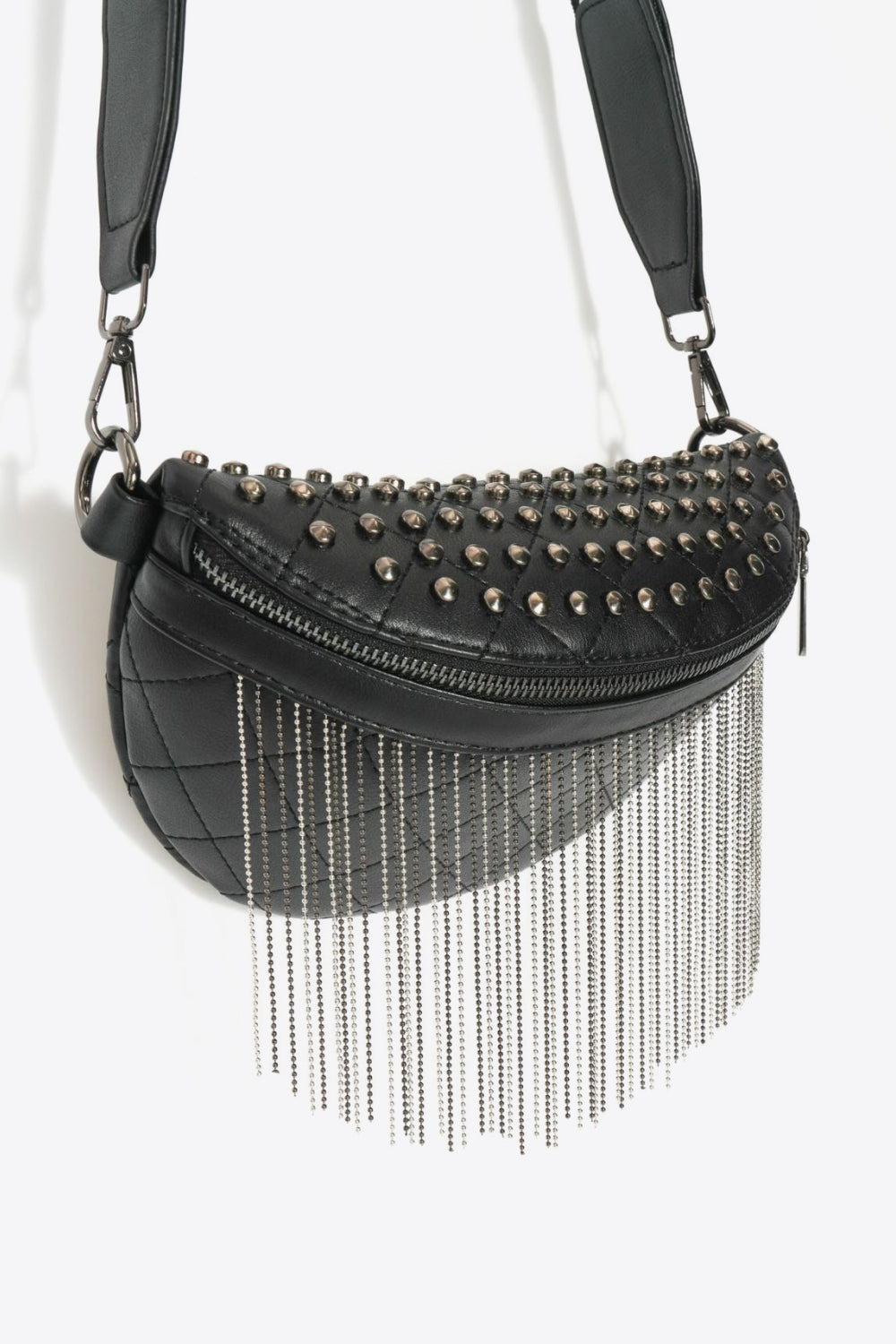 Adored PU Leather Studded Sling Bag with Fringes Bagz and Tagz