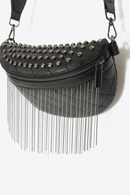 Adored PU Leather Studded Sling Bag with Fringes Bagz and Tagz