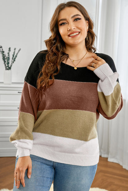 Plus Size Color Block Round Neck Sweater Bagz and Tagz