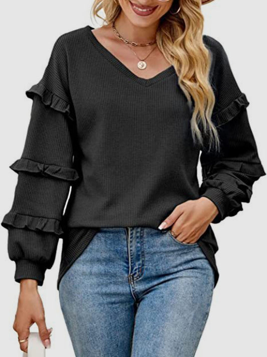 Ruffled V-Neck Long Sleeve T-Shirt Bagz and Tagz